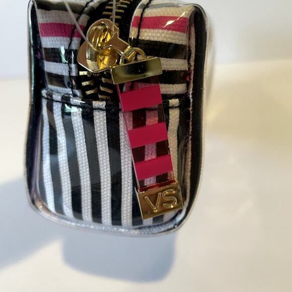 Victoria's Secret Make Up Bag Womens Black White Pink Stripe Beauty Cosmetic - Picture 4 of 8